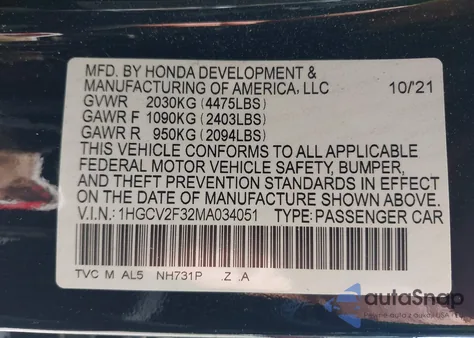 2021 Honda Accord Sport 2.0T из США, поврежденный, VIN 1HGCV2F32MA034051